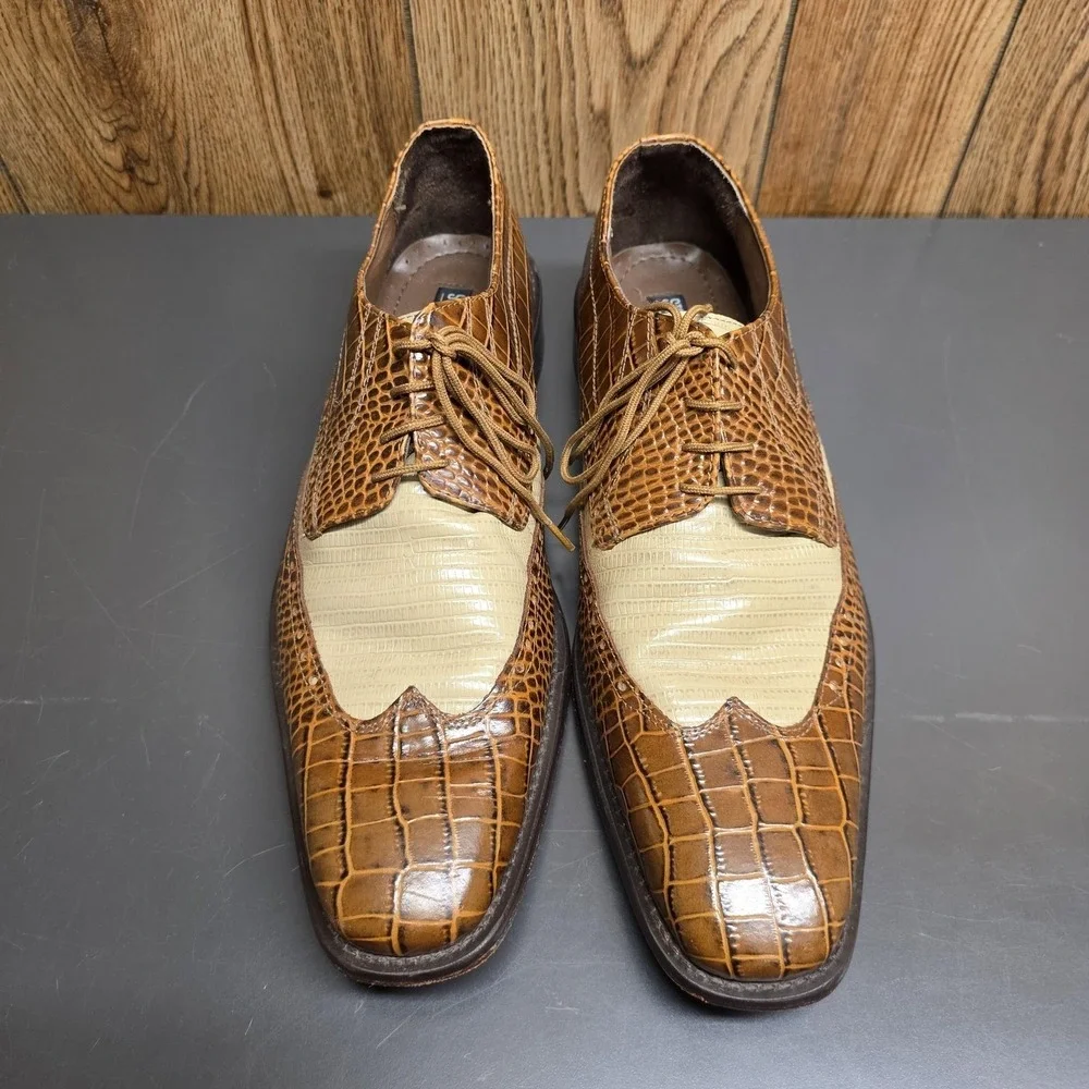 Stacy Adams Shoes Men 11W Brown Croc Wingtip Square Toe Dress Derby 24823